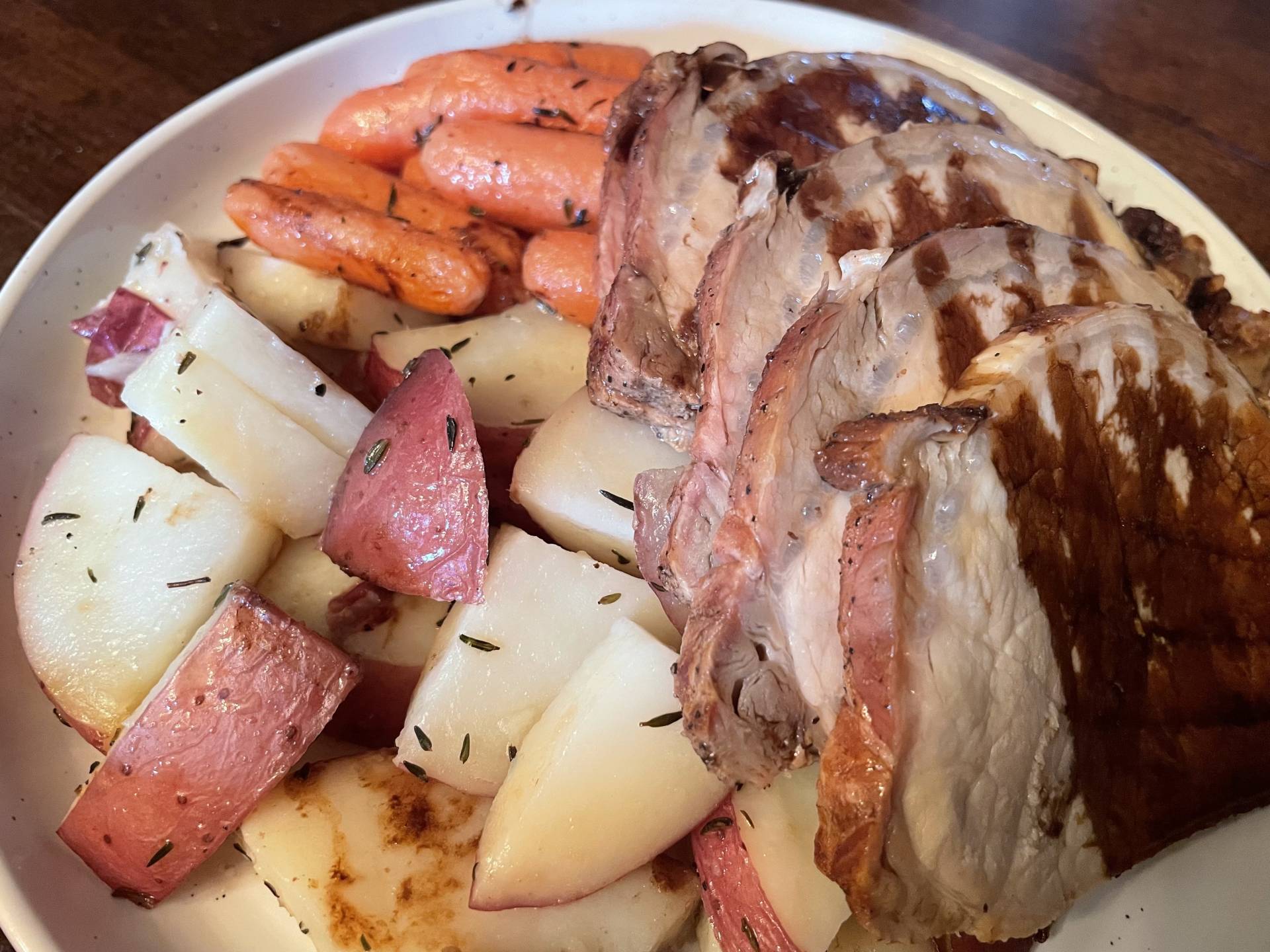 Balsamic Roasted Pork Loin with Roast Potatoes and Roast Carrots