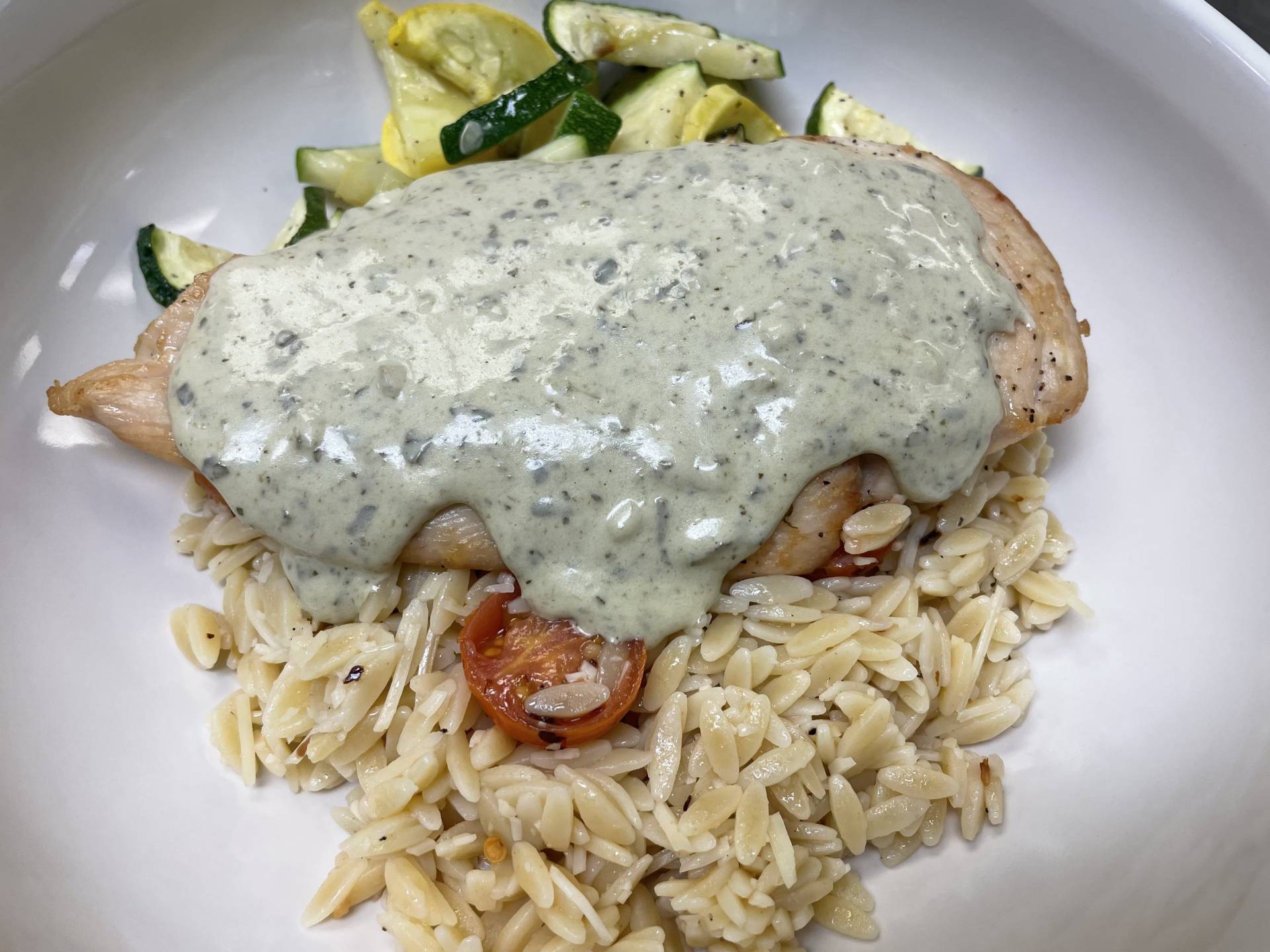 Creamy Pesto Chicken on Mashed Potatoes with Roast Zucchini & Squash