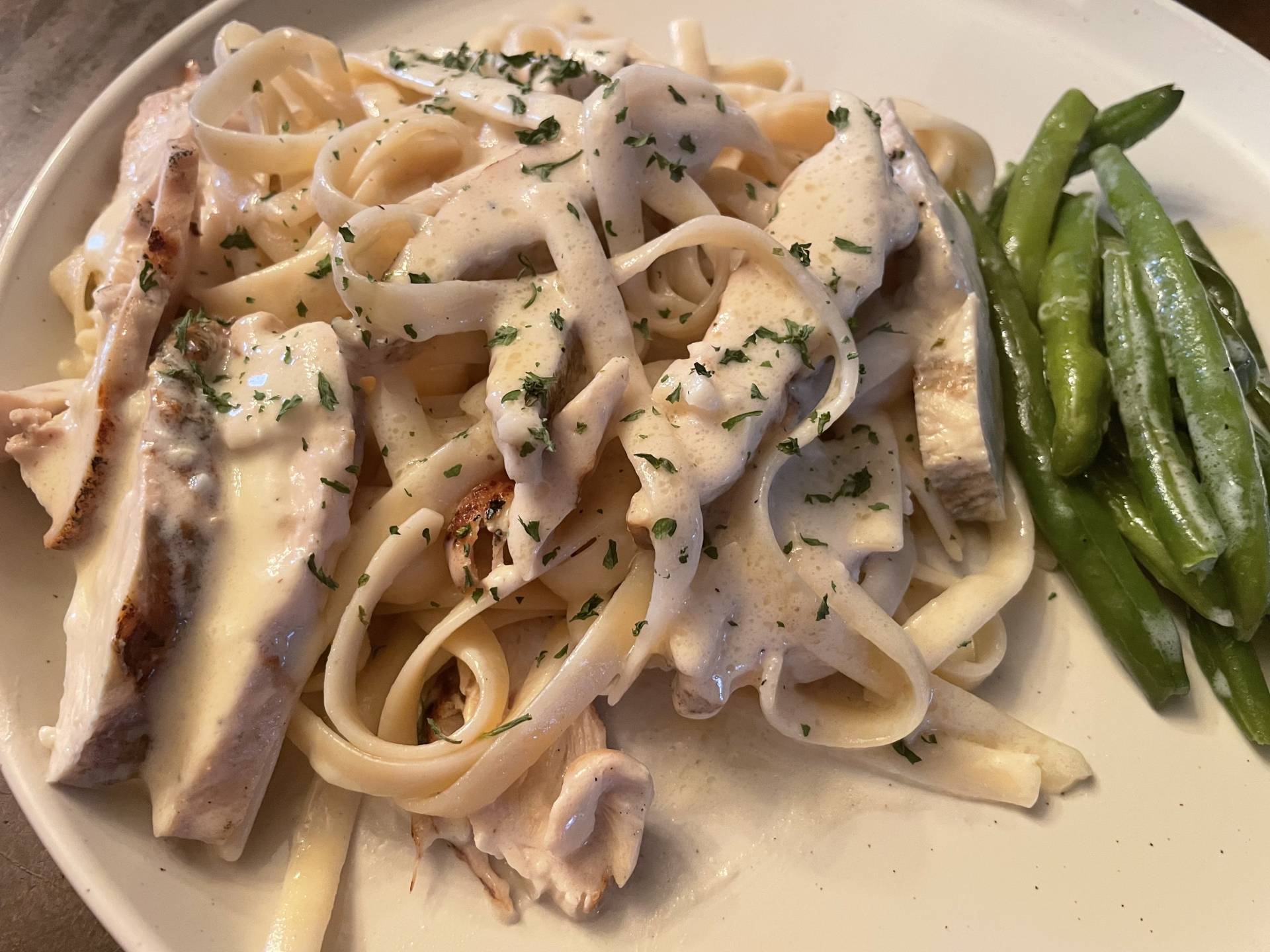 Fettuccine Alfredo with Grilled Chicken and Steamed Green Beans
