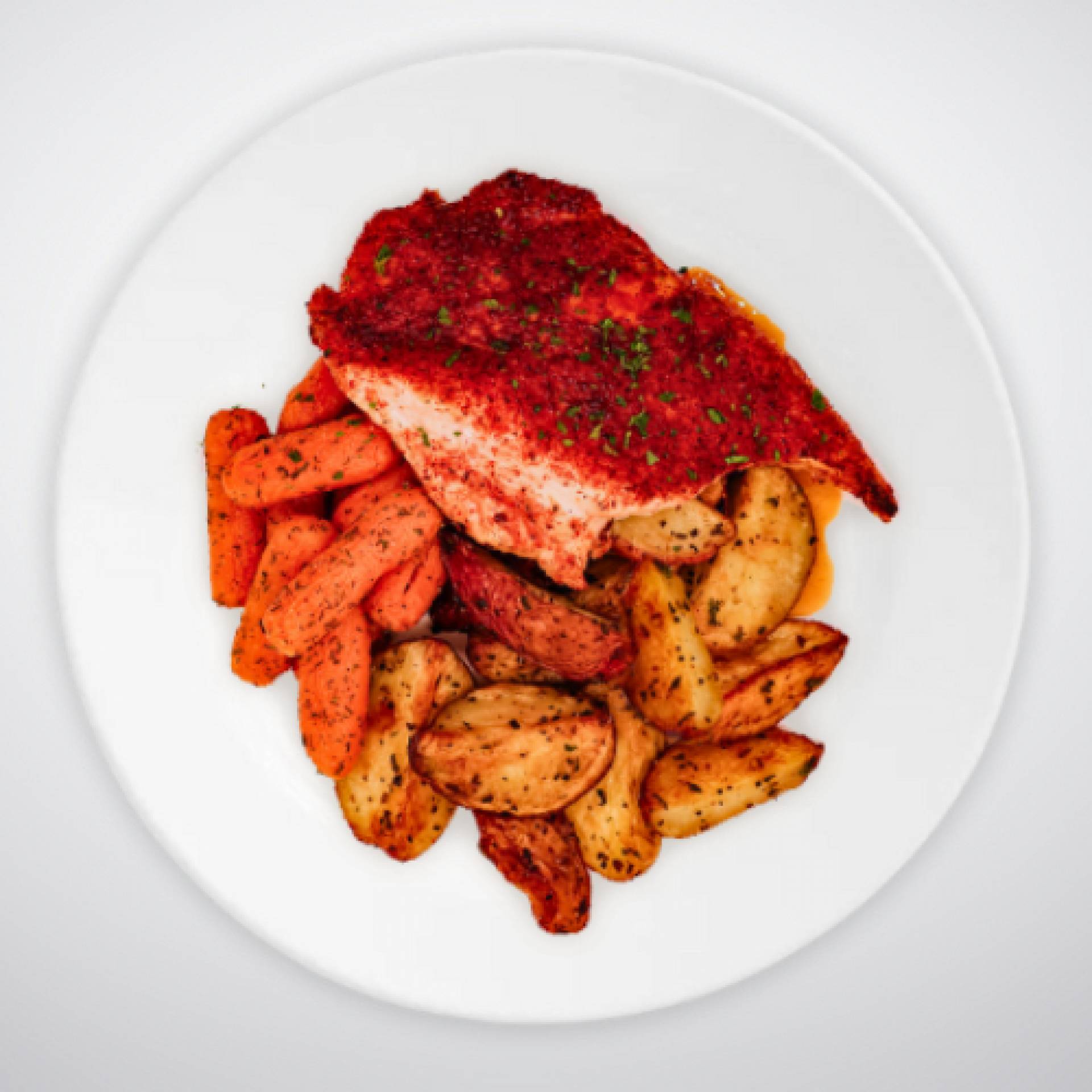 Maple Glazed Chicken Breast with Roast Potatoes and Roast Carrots