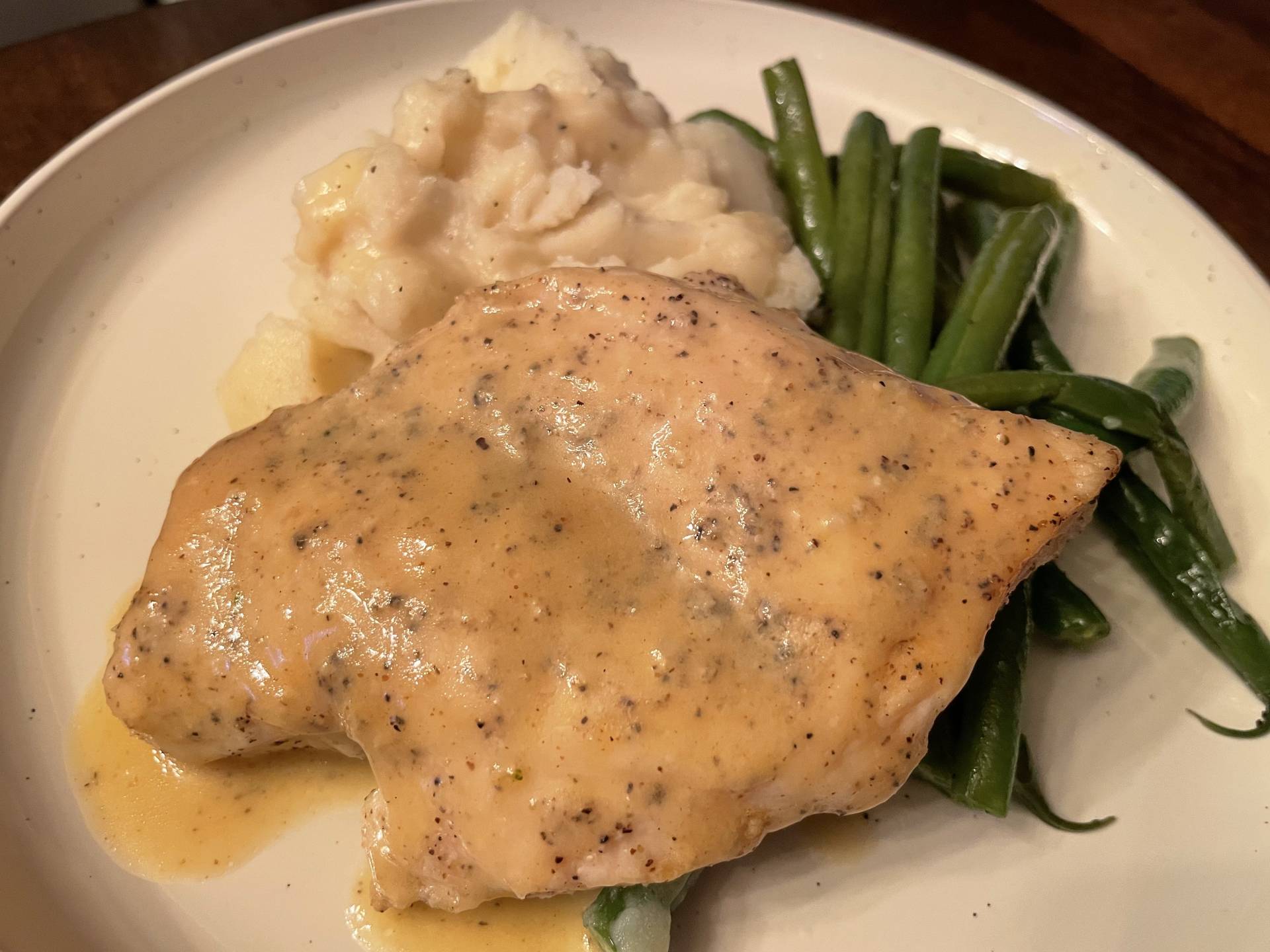 Honey Dijon Chicken Breast with Mashed Potatoes and Steamed Green Beans