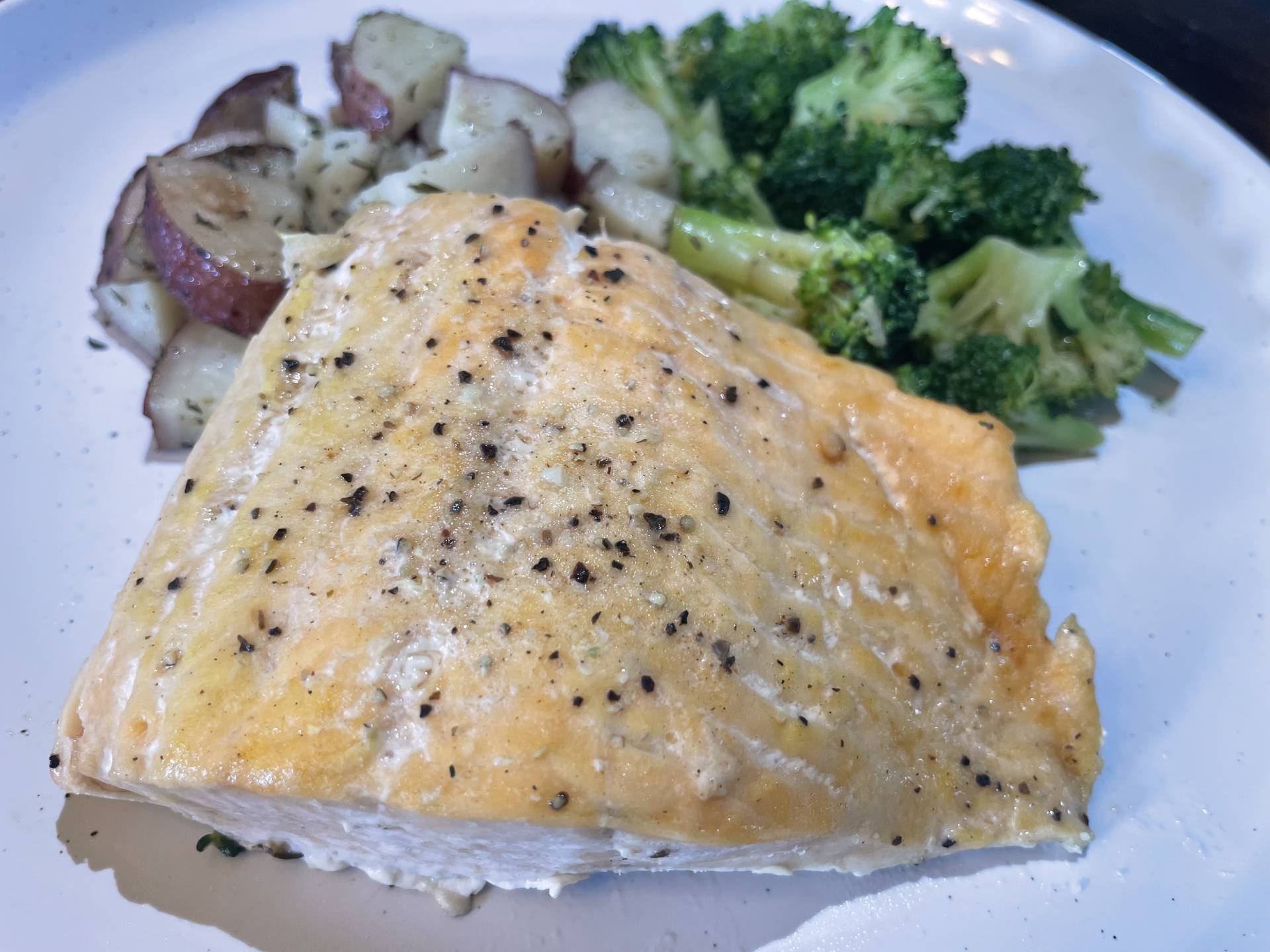 Lemon Pepper Salmon with Roast Potatoes and Steamed Broccoli