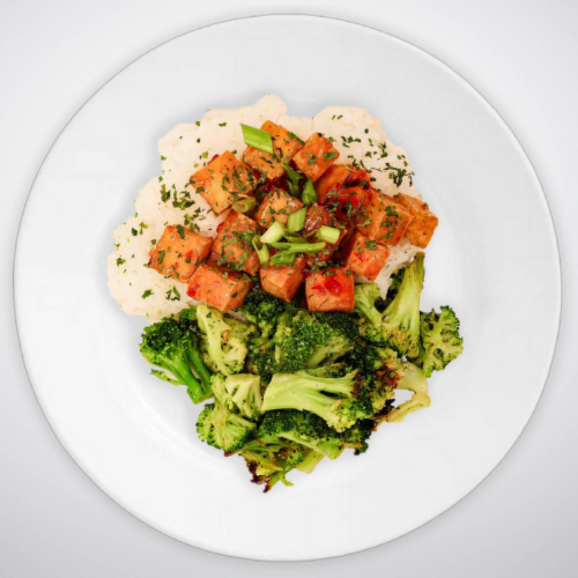 Sweet Chili Glazed Tofu on Jasmine Rice with Steamed Broccoli