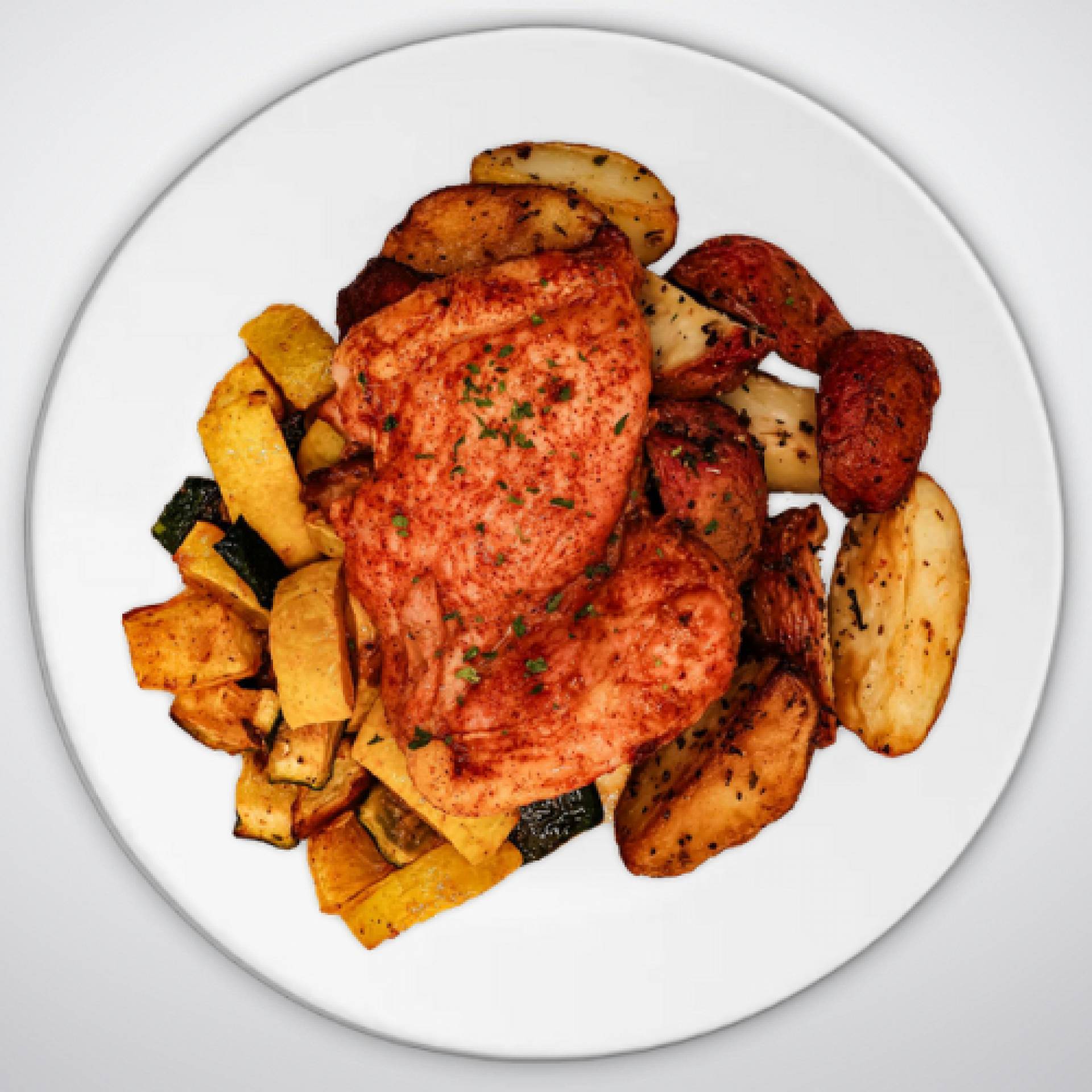 BBQ Chicken with Roast Potatoes and Steamed Broccoli
