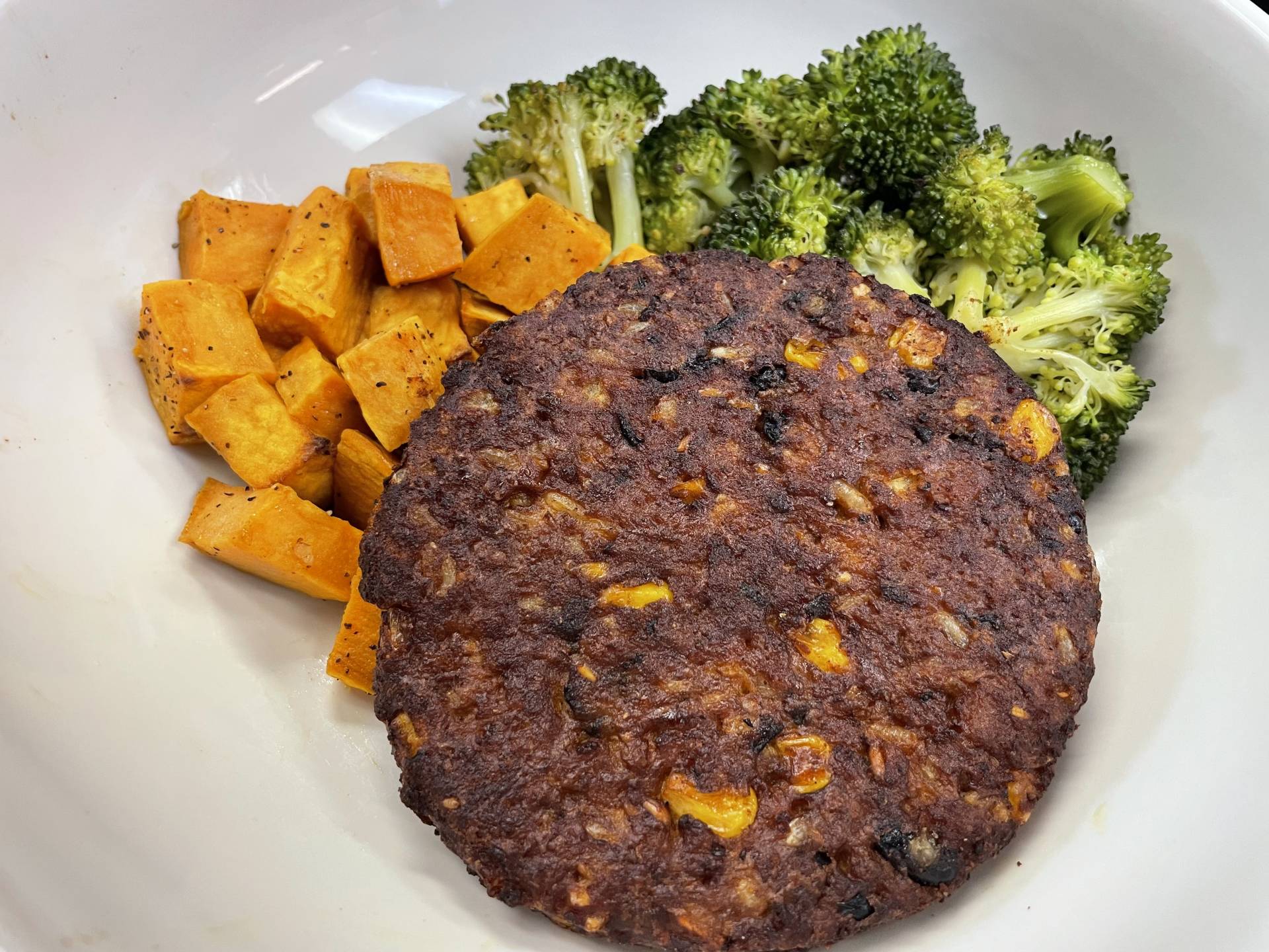 Black Bean Burger with Roast Sweet Potatoes and Steamed Broccoli