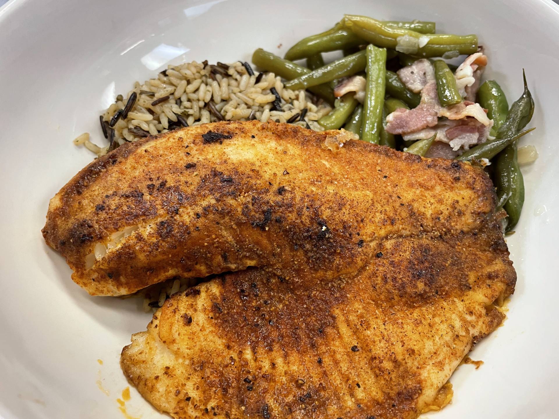 Blackened Tilapia with Sweet Potatoes and Country Style Green Beans
