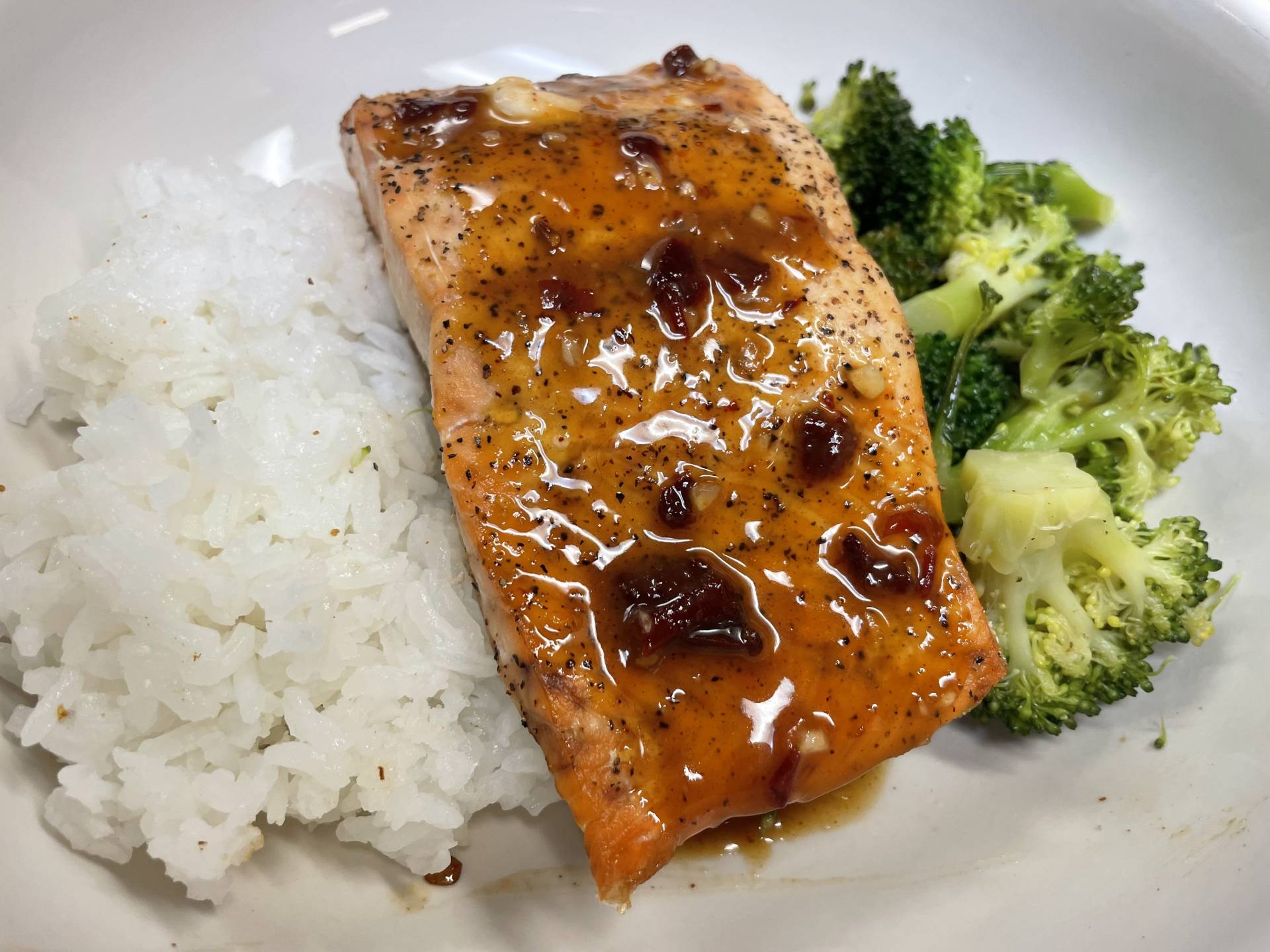 Honey Chipotle Glazed Salmon with Roast Sweet Potatoes and Steamed Broccoli