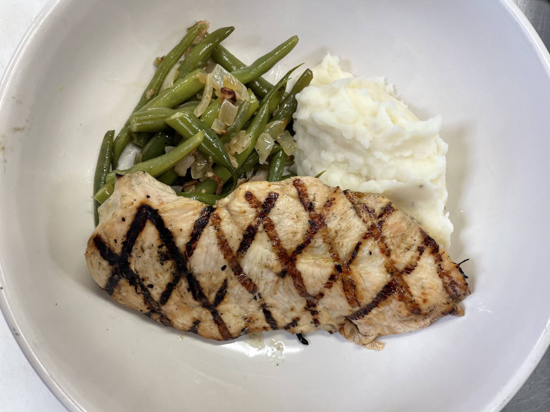 Marinated Grilled Chicken Breast with Mashed Potatoes and Country Style Green Beans