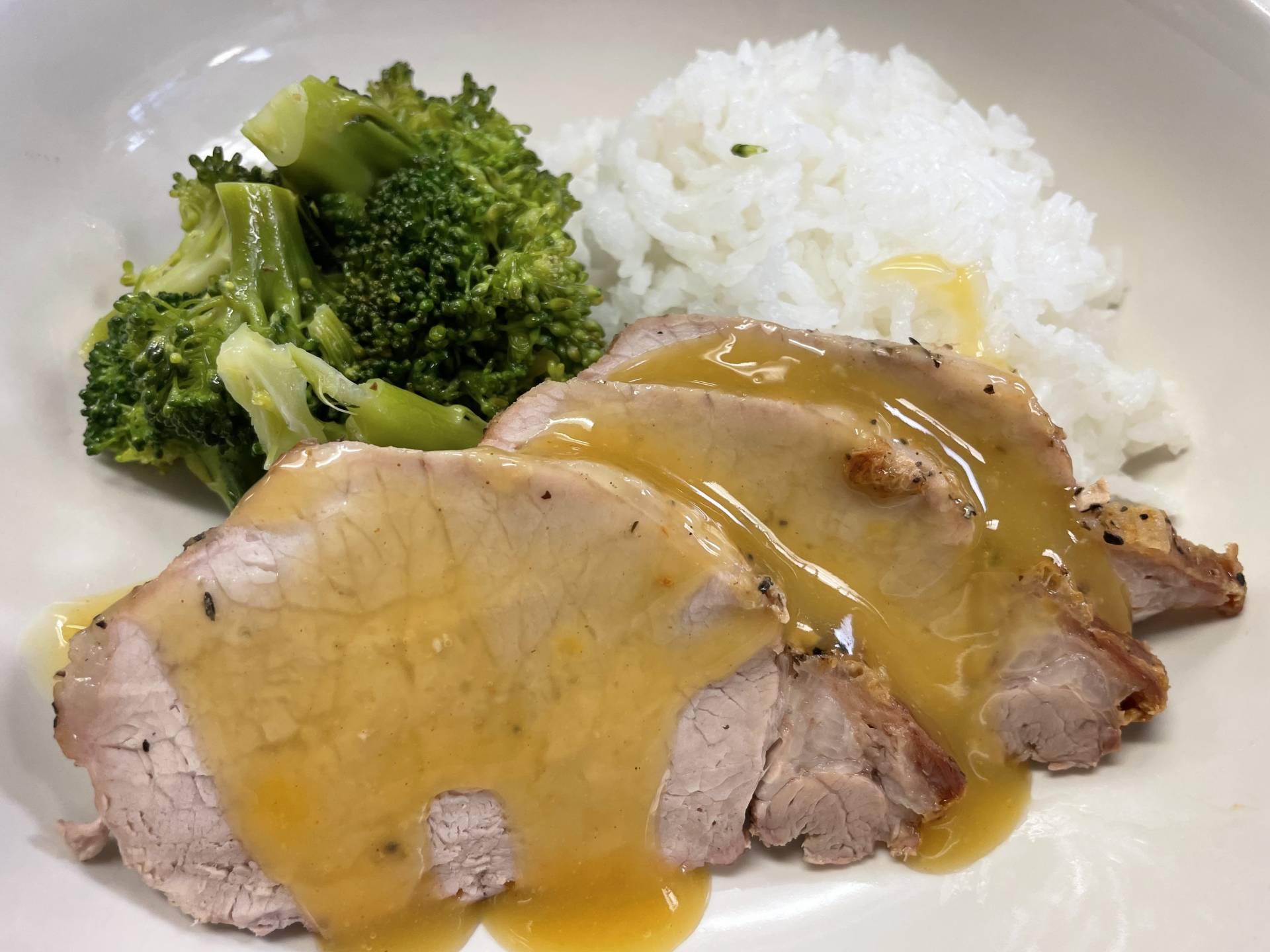 Orange and Honey Glazed Pork with Mashed Potatoes and Country Style Green Beans