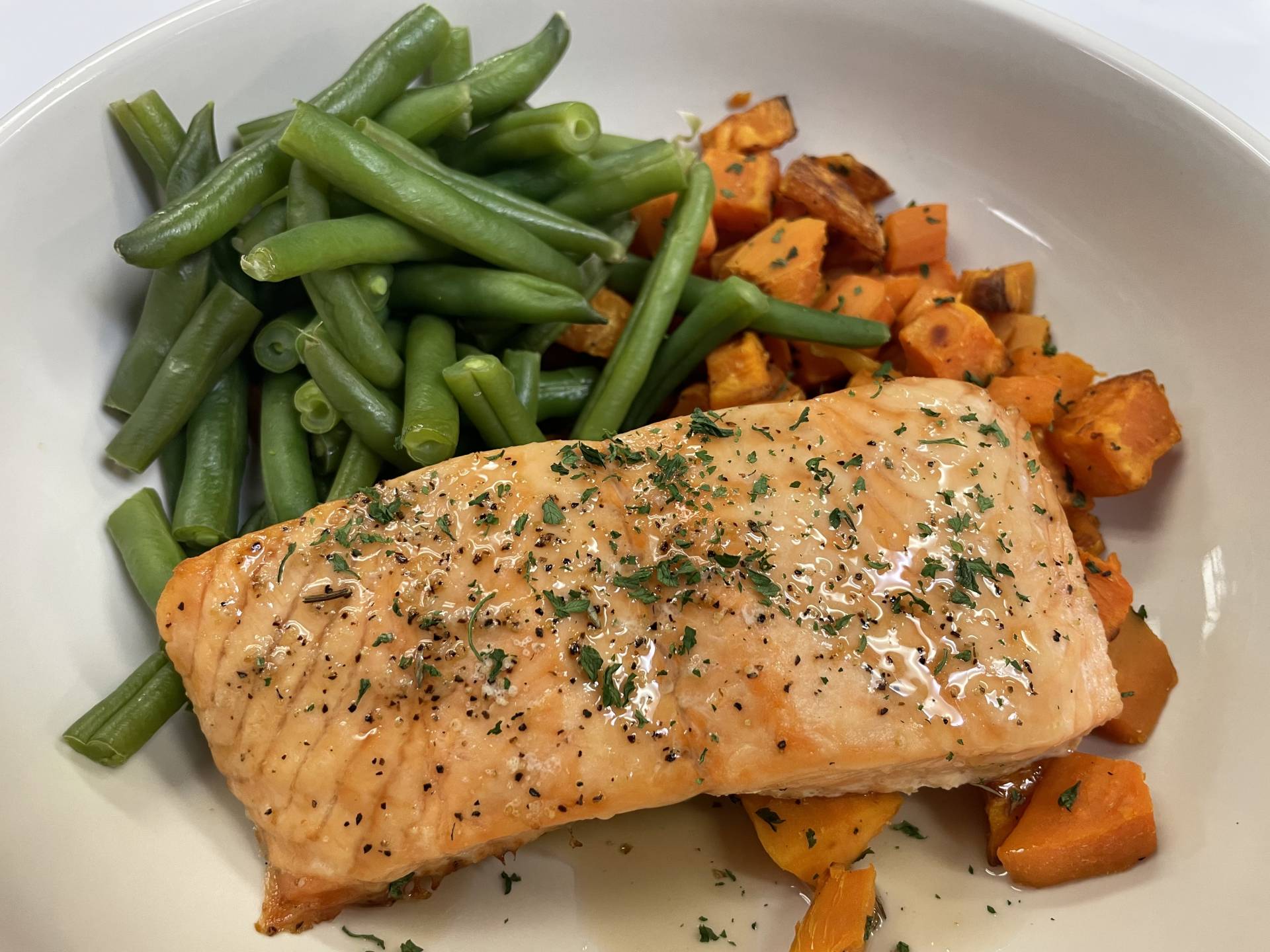 Maple Glazed Salmon with Jasmine Rice and Roast Zucchini and Squash